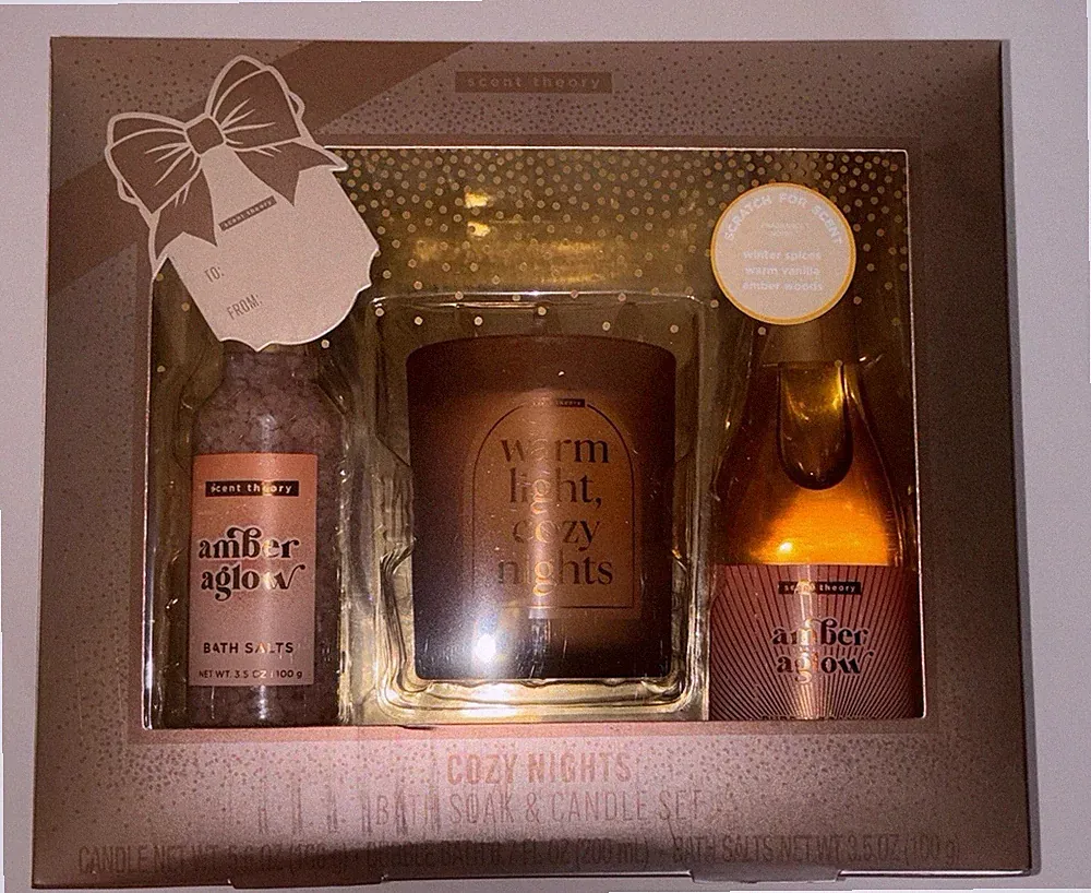 Scent Theory Cozy Nights Bath Soak Candle Gift Set Vanilla Amber Woods 🪾